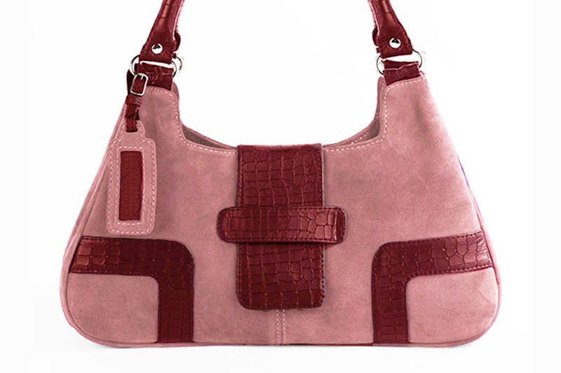 Dusty rose pink and burgundy red women's dress handbag, matching pumps and belts. Profile view - Florence KOOIJMAN